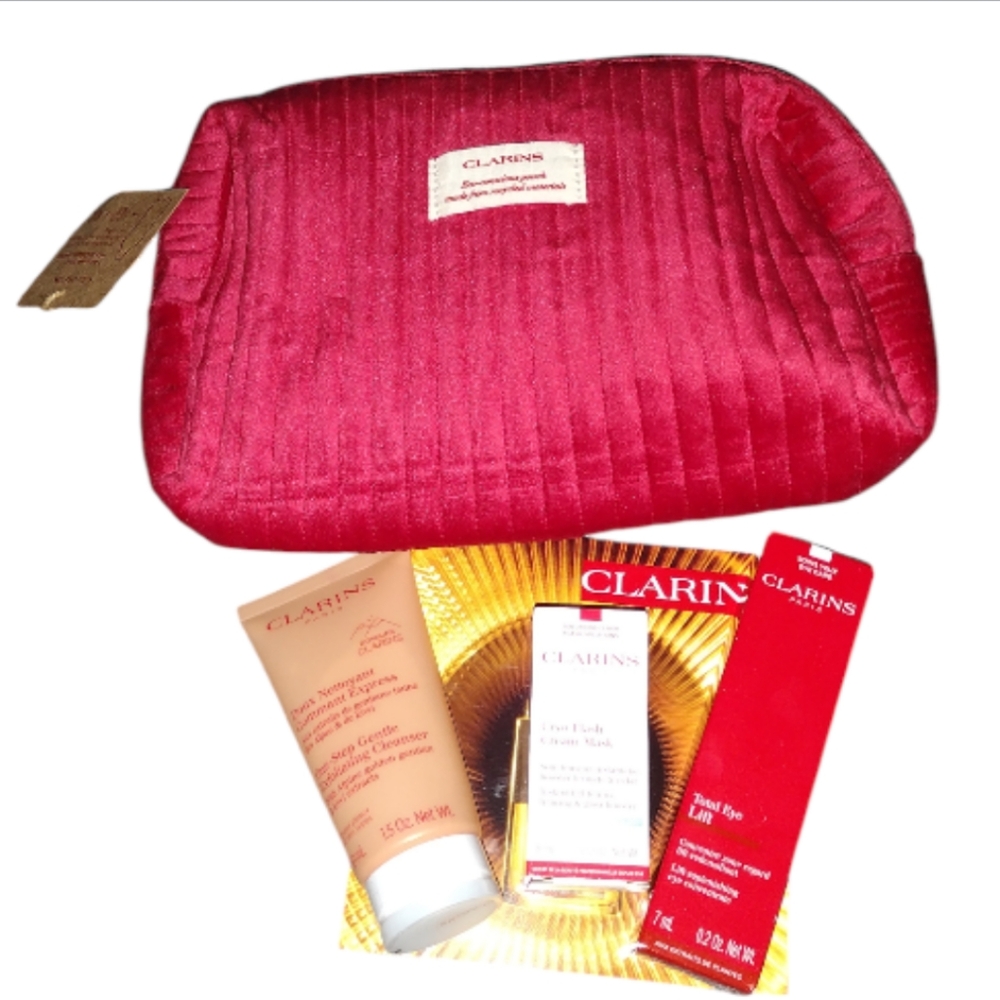 New Clarins Red Velvet Bag 6 Piece Travel Gift Set